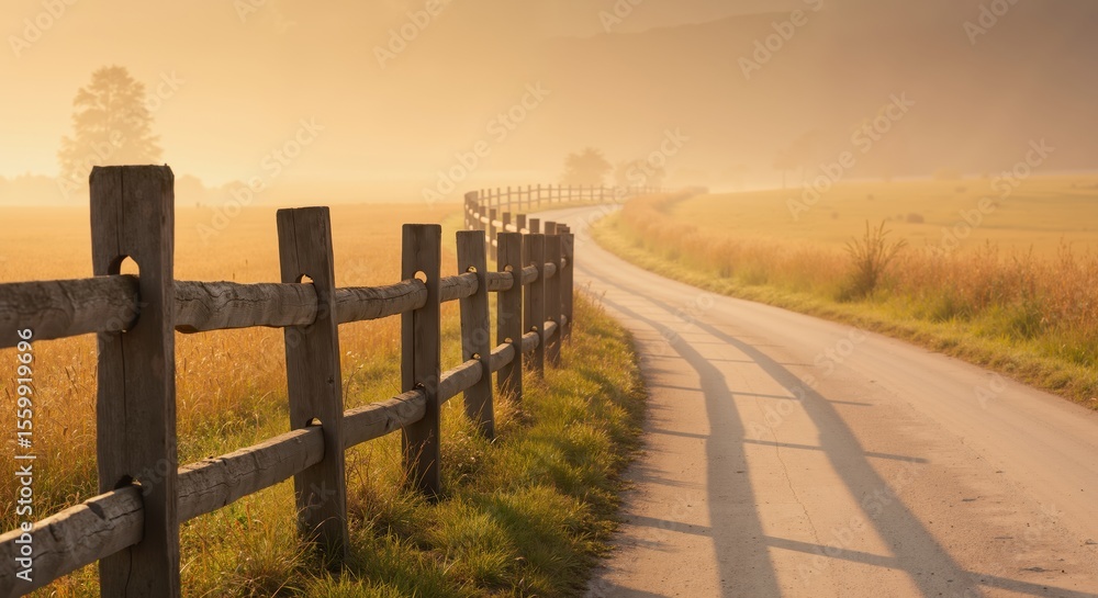 Obraz premium Serene country road winding through golden fields at sunrise 