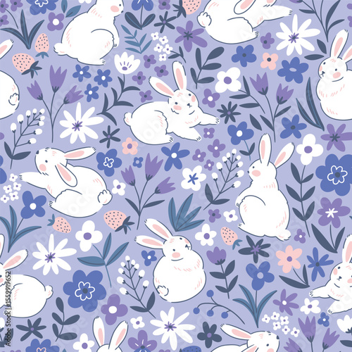 Happy Easter seamless background with bunny and flowers. Cute spring Easter seamless pattern design. 