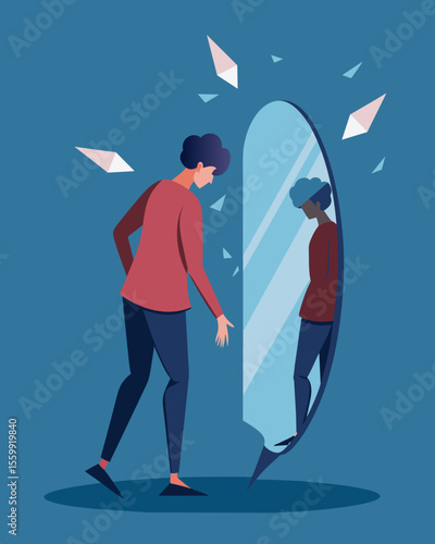 A person avoiding their reflection in a shattered mirror unable to face their shattered confidence.. Vector illustration