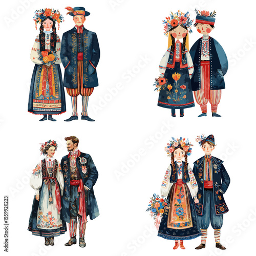 Watercolor illustrations of Polish couples in vibrant traditional folk costumes with floral patterns, expressing cultural heritage and European charm.

