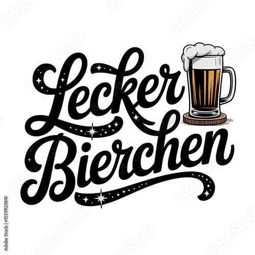 Lecker Bierchen illustration featuring the word alcohol with a frothy mug design in a bold and artistic style