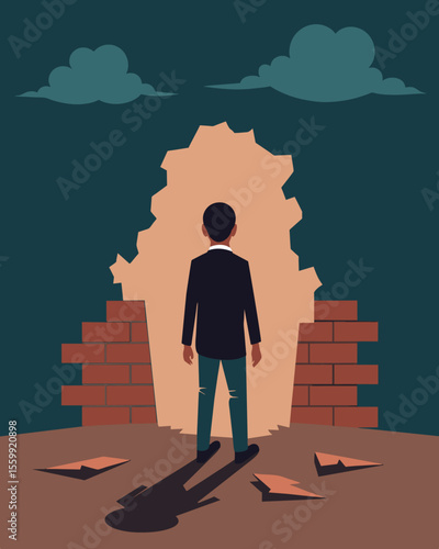 A drawing of a person standing in front of a crumbling wall with the words worthless and unwanted written all over it representing the devaluation of their worth.. Vector illustration