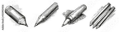 Collection of Hand-Drawn Pencils: A Detailed Illustration of Graphite Pencils in Various Positions, Logo Design, Hand drawing Engraving, Vector Illustration Isolated Object