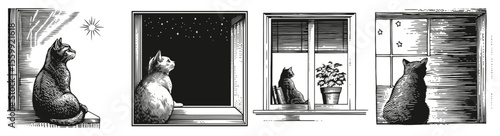 Cat Gazing at Night Sky in Four Artistic Illustrations, Logo Design, Hand drawing Engraving, Vector Illustration Isolated Object