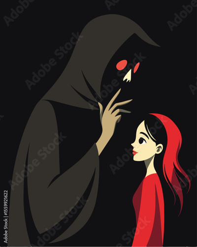 A figure cloaked in darkness leans in close to a persons ear whispering tempting promises of power and wealth.. Vector illustration