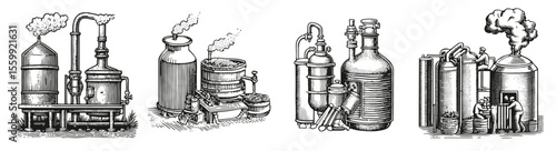 Vintage Distillation Process Illustrations in Black and White Style, Logo Design, Hand drawing Engraving, Vector Illustration Isolated Object