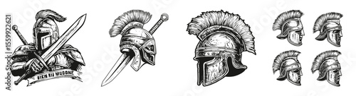Historical Gladiator Helmets and Swords in Vintage Style Illustration, vector illustration, engraving design, logo design set, black and white line, template design element