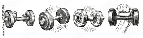 Vintage Sketch of Dumbbells and Weight Lifting Equipment Designs, vector illustration, engraving design, logo design set, black and white line, template design element