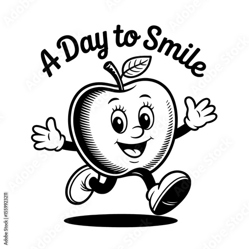 Cheerful cartoon apple character running happily with arms outstretched in a playful manner