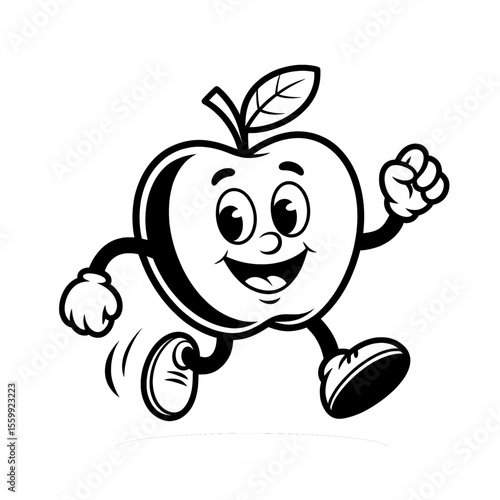 Cheerful cartoon apple character running happily with arms outstretched in a playful manner