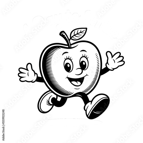 Cheerful cartoon apple character running happily with arms outstretched in a playful manner