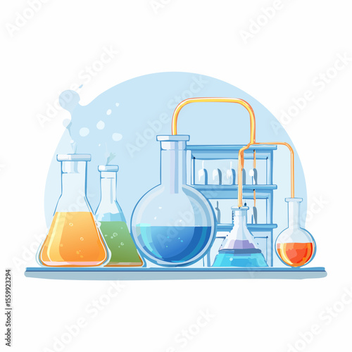 vector illustration of a chemistry lab with glowing liquids, flasks, and safety equipment