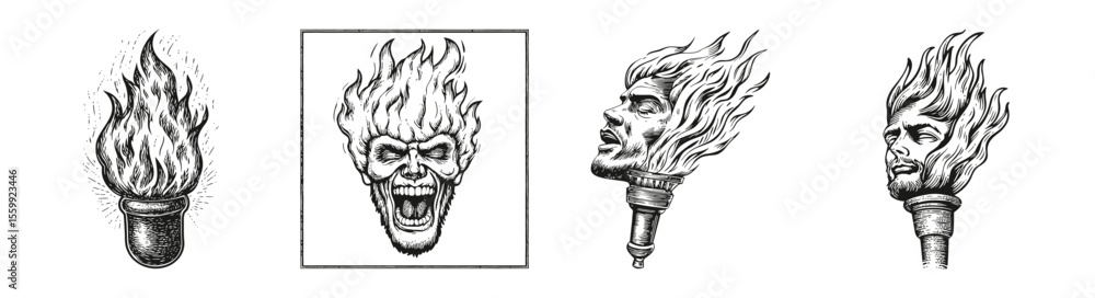 Vector Illustrations of Flames and Torches Featuring a Face Design, vector illustration, engraving design, logo design set, black and white line, template design element Vector Illustrations of Flames and Torches Featuring a Face Design, vector illustration, engraving design, logo design set, black and white line, template design element