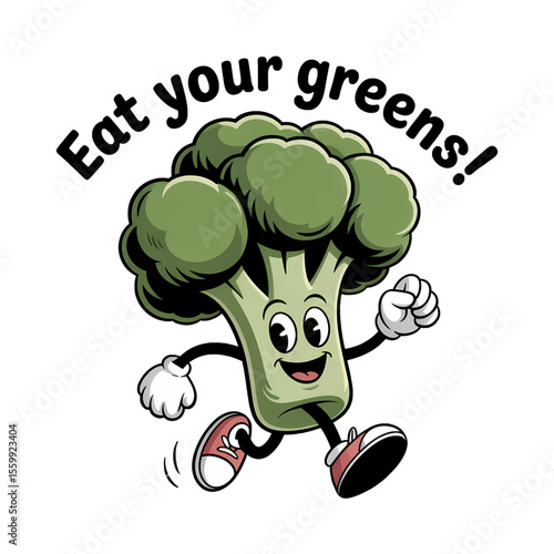 Cartoon broccoli character promoting healthy eating while jogging in a fun and playful manner
