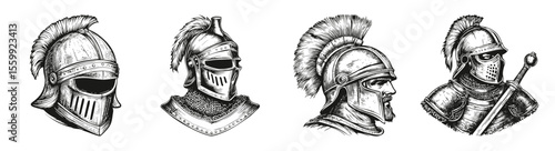 Detailed Medieval Warrior Helmet Illustrations in Vector Format, vector illustration, engraving design, logo design set, black and white line, template design element
