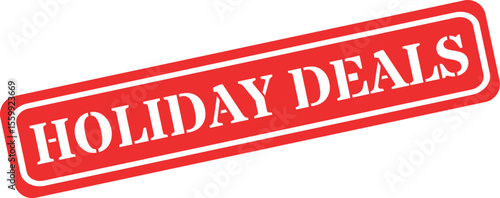 Bright red stamp declaring holiday deals in bold white letters