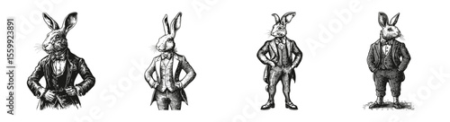 Vintage Illustration of Stylish Rabbits in Formal Attire, vector illustration, engraving design, logo design set, black and white line