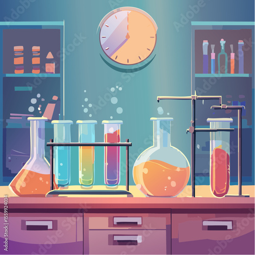 vector illustration of a chemistry lab with glowing liquids, flasks, and safety equipment