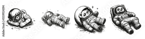 Astronaut Pandas Relaxing in Space Suits with Cosmic Vibes, vector illustration, engraving design, logo design set, black and white line