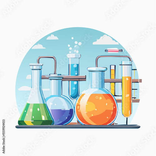 vector illustration of a chemistry lab with glowing liquids, flasks, and safety equipment