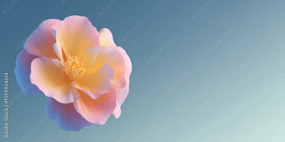 Flower blossom with pink and yellow petals on blue background, floral beauty, artistic design Flower blossom with pink and yellow petals on blue background, floral beauty, artistic design