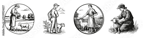 Vintage Farming Illustrations of Sheep and Farmers in Black and White, vector illustration, engraving design, logo design set, black and white line