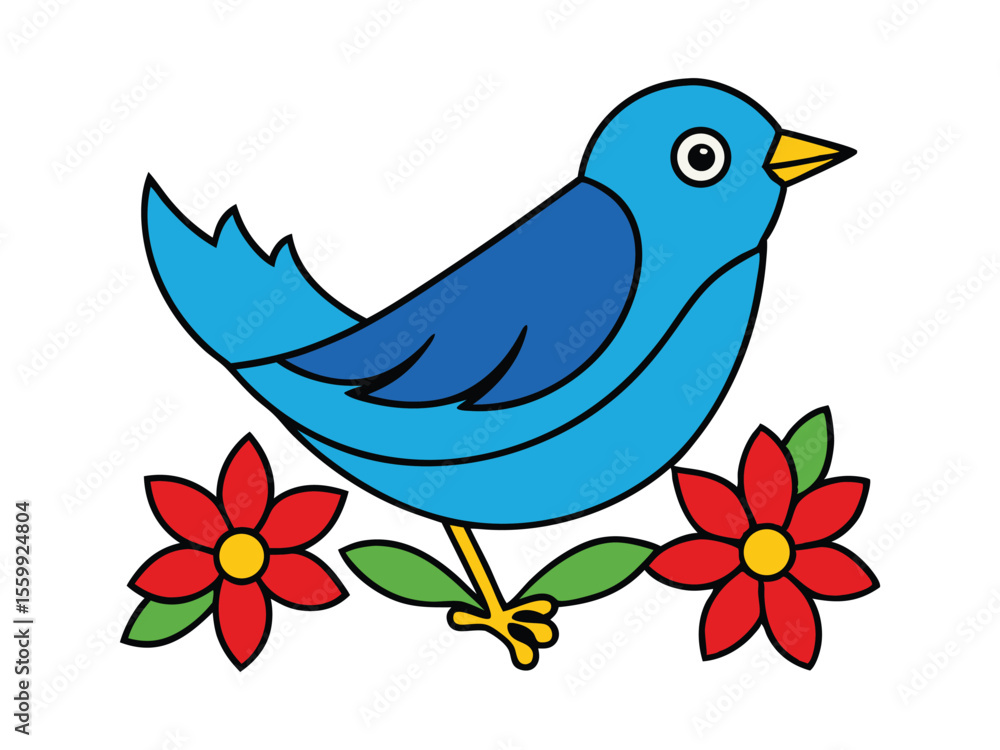 Obraz premium Blue Bird with Red Flowers Colorful Cartoon Illustration