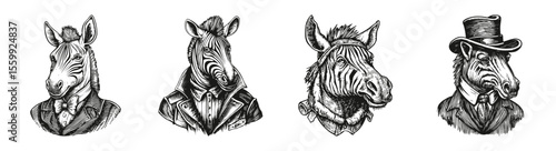 Vintage Zebra Illustrations in Distinctive Styles and Attires, vector illustration, engraving design, logo design set, black and white line