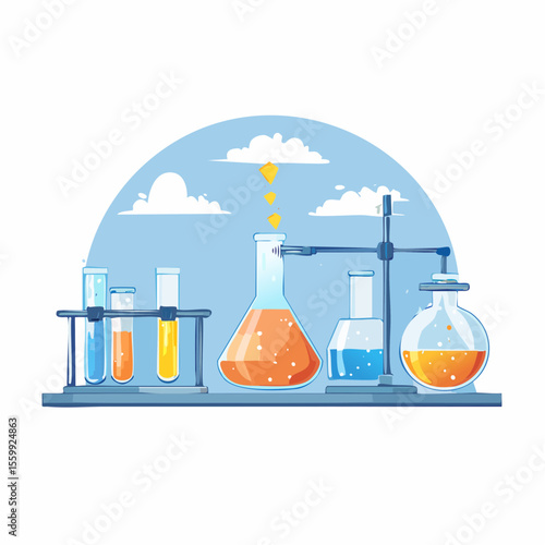vector illustration of a chemistry lab with glowing liquids, flasks, and safety equipment