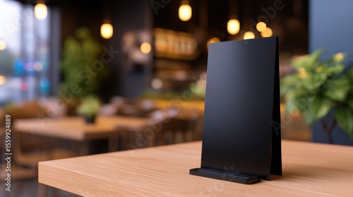 Wallpaper Mural Blank menu stand on a wooden table in a modern café with blurred background ambiance Torontodigital.ca