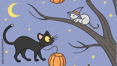 Horror cartoon mice swing under the autumn moon with cat and a pumpkin silhouette