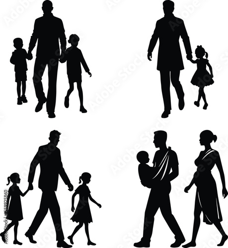 Vector art of silhouettes of diverse families walking, including a pregnant woman and a doctor, isolated on white background