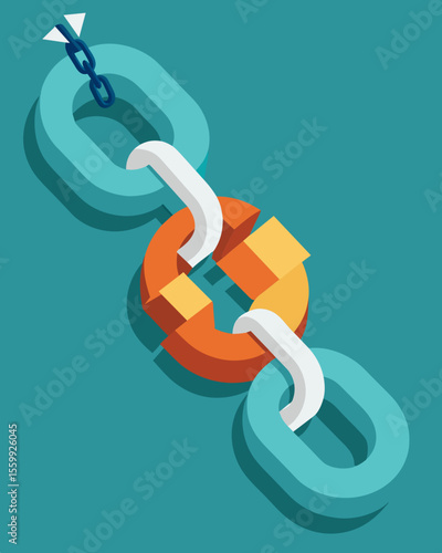 A broken chain with a missing link representing the disconnect between thoughts.. Vector illustration