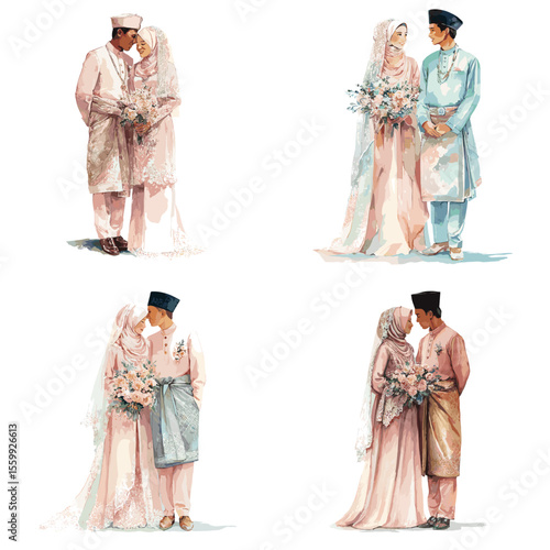 Watercolor Muslim wedding couples in pastel traditional attire, showcasing love, modesty, and cultural elegance for special ceremonies.

