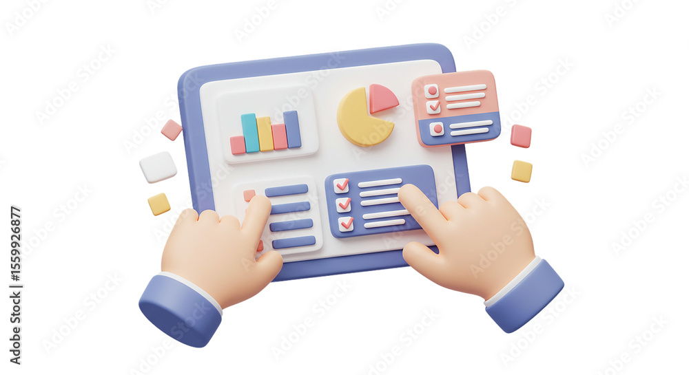 3D illustration of hands interacting with dashboard user interface on tablet – analytics, data charts, checklist and settings control concept – colorful UI UX design for business or management use 3D illustration of hands interacting with dashboard user interface on tablet – analytics, data charts, checklist and settings control concept – colorful UI UX design for business or management use