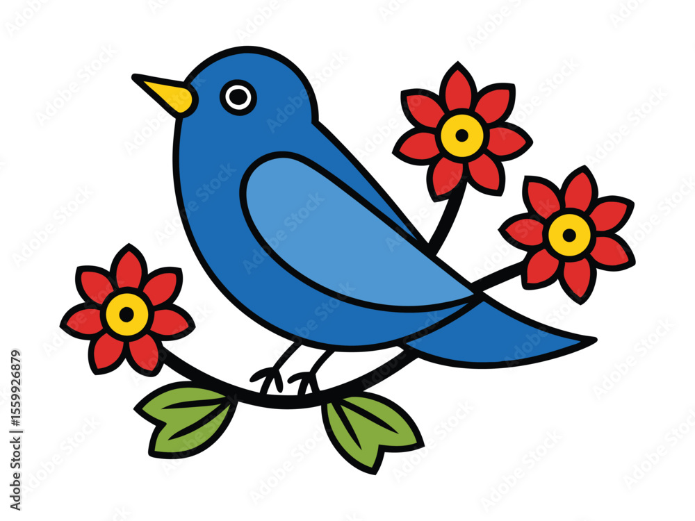 Obraz premium Blue Bird with Red Flowers Colorful Cartoon Illustration