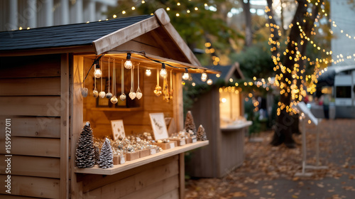 Charming wooden Christmas market stall decorated with warm string lights and handcrafted holiday ornaments