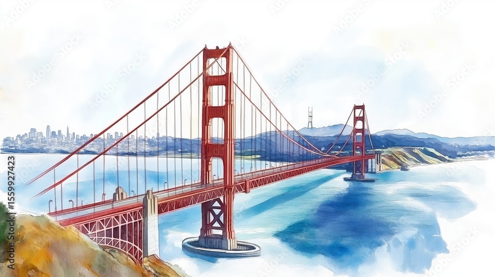 Fototapeta premium Golden Gate Bridge. Golden Gate Bridge hand drawn watercolor illustration