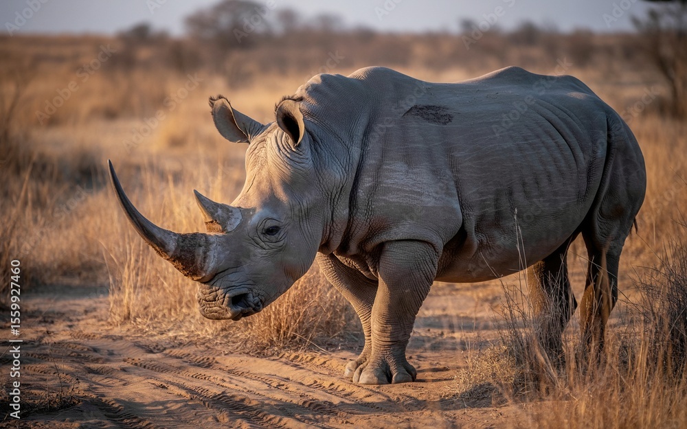 Fototapeta premium Majestic Rhinoceros Standing in Golden Light, Showcasing Horn and Textured Skin Details