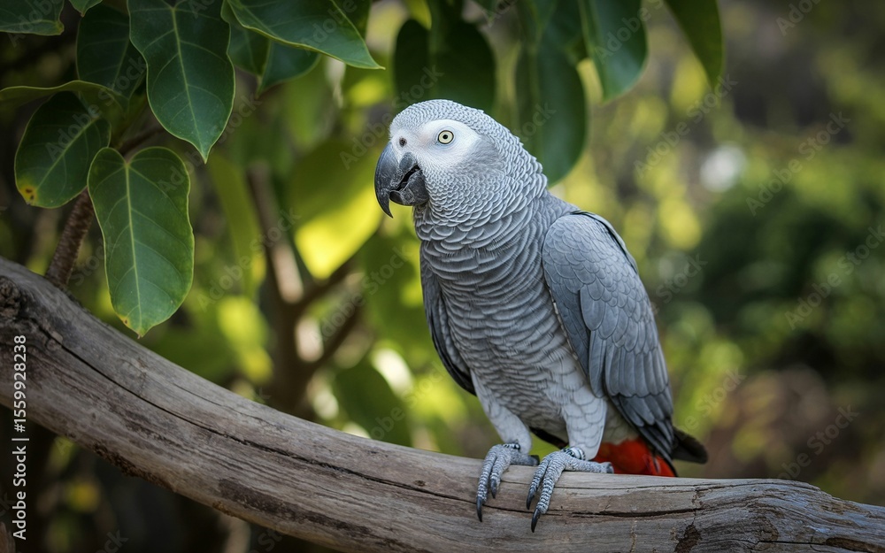 Obraz premium Majestic African Grey Parrot Perched on Branch with Detailed Feather Texture