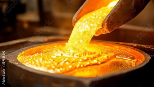 Molten gold is being poured into a mold, showcasing the process of metal casting and the precious metal in its liquid state.