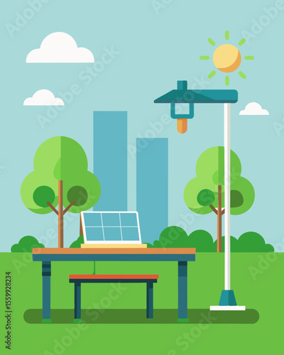A spacious desk in a peaceful park powered by solar panels mounted on top of a nearby lamppost.. Vector illustration