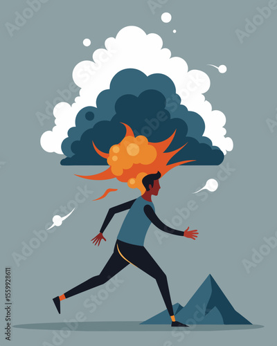 A chaotic scene with a person sprinting away from a volcanic eruption that spells out Stress in billowing ash and smoke.. Vector illustration