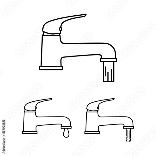 A set of line art icons depicting water taps in various states: actively flowing, dripping, and seemingly off, illustrating water usage and conservation.