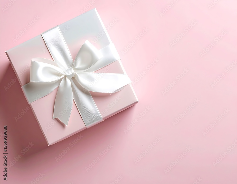 A delicate, pastel pink gift box with a white ribbon bow, presented on a solid pink background. A delicate, pastel pink gift box with a white ribbon bow, presented on a solid pink background.
