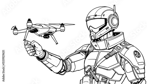 Futuristic Robotic Drone Operator Wearing Protective Helmet Futuristic Illustration