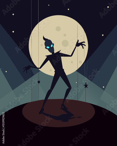 A shadowy figure dances in the moonlight its movements reflected in the puppetlike actions of the person in its control.. Vector illustration