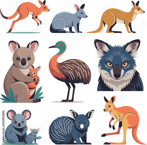 Collection of australian wildlife illustrations including kangaroos koalas and an emu on white
