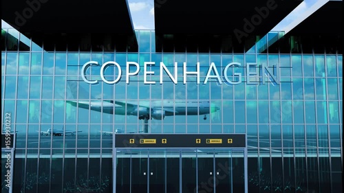 Airlane landing at Copenhagen. Arrival in the city with reflection of airport and aircraft