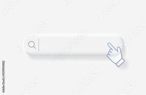 Search bar with computer hand cursor with transparency effect. Browser search navigation bar in light soft style. Vector 3d illustration.